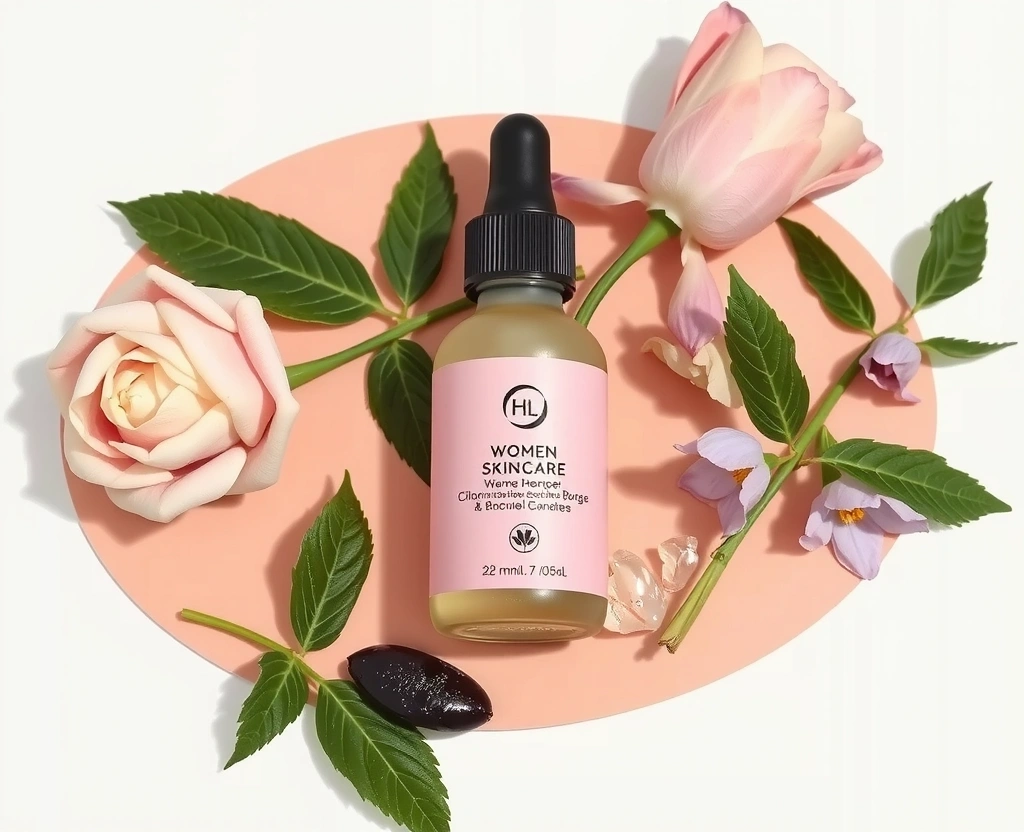 Women's Radiance Glow skincare serum bottle with botanical extracts