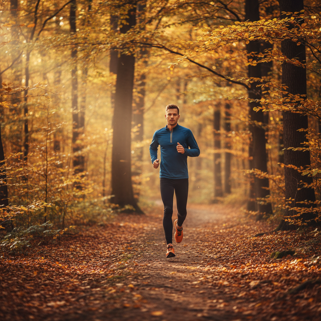 En man joggar längs en skogstig omgiven av höga träd i mjukt höstljus med fokus på rytmisk rörelse i naturen