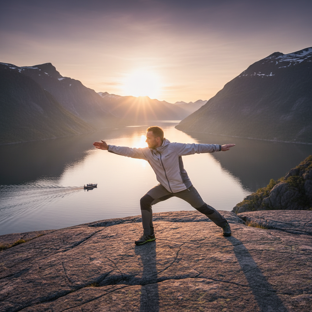 En man i avslappnad röjning utomhus utför en kontrollerad rörlighetsövning på en klippa med utsikt över en stilla fjord