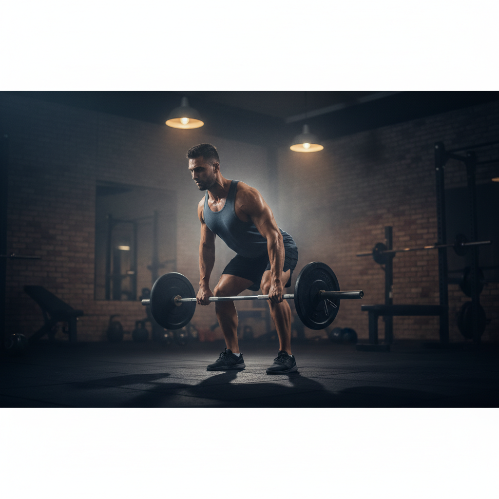 En man lyfter fria vikter i ett svagt belyst gym med fokus på kontrollerade rörelser och korrekt teknik