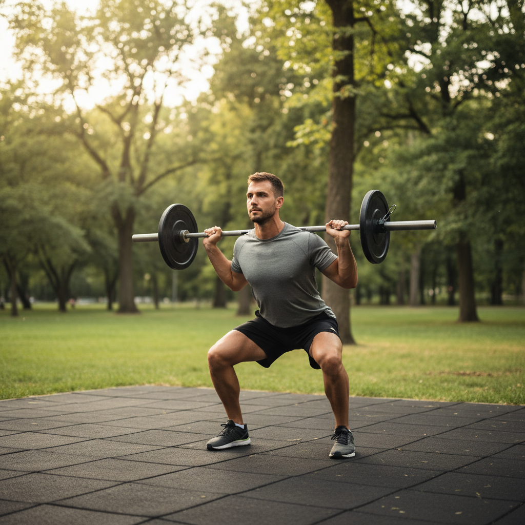 En man utför en kontrollerad squat-rörelse på en träningsyta utomhus med mjukt naturligt ljus och grön natur i bakgrunden