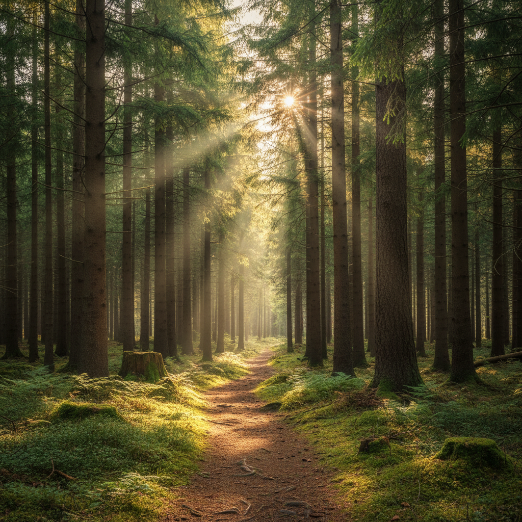 En man i avslappnade kläder promenerar längs en stig i en tät barrskog med mjukt filtrerat dagsljus som sipprar igenom trädkronorna och skapar en lugn och stillsam atmosfär
