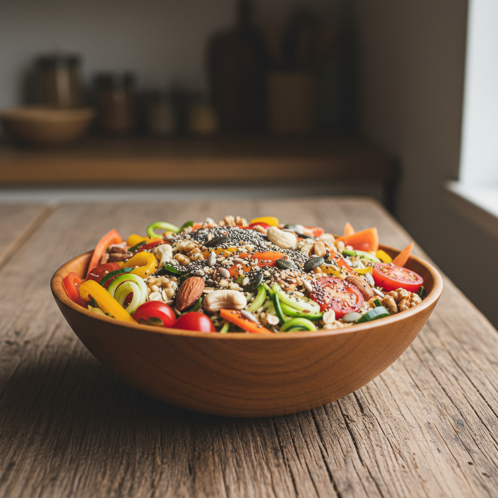 En träskål med blandade råvaror: färgglada grönsaker, nötter och fullkornsfrön arrangerade på ett naturligt träbord i mjukt naturligt ljus